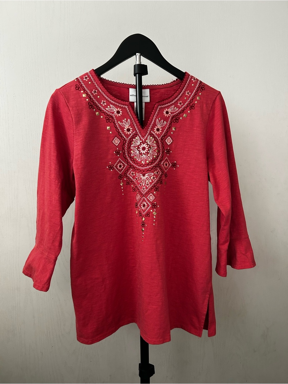 Alfred Dunner Red Embroidered V-Neck Tunic